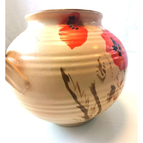Ceramic Poppy Vase Wide Scroll Handles Art Deco Circa 1940s Floral Pottery - Picture 9 of 11